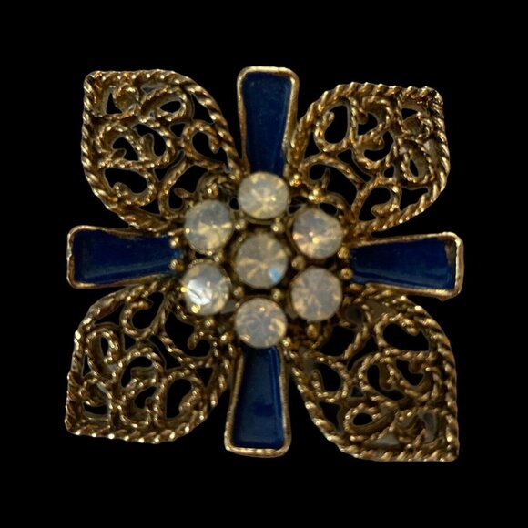 Gold and Blue Brooch with Rhinestones in the Middle 1 1/2" x 1 1/2" - Picture 2 of 3